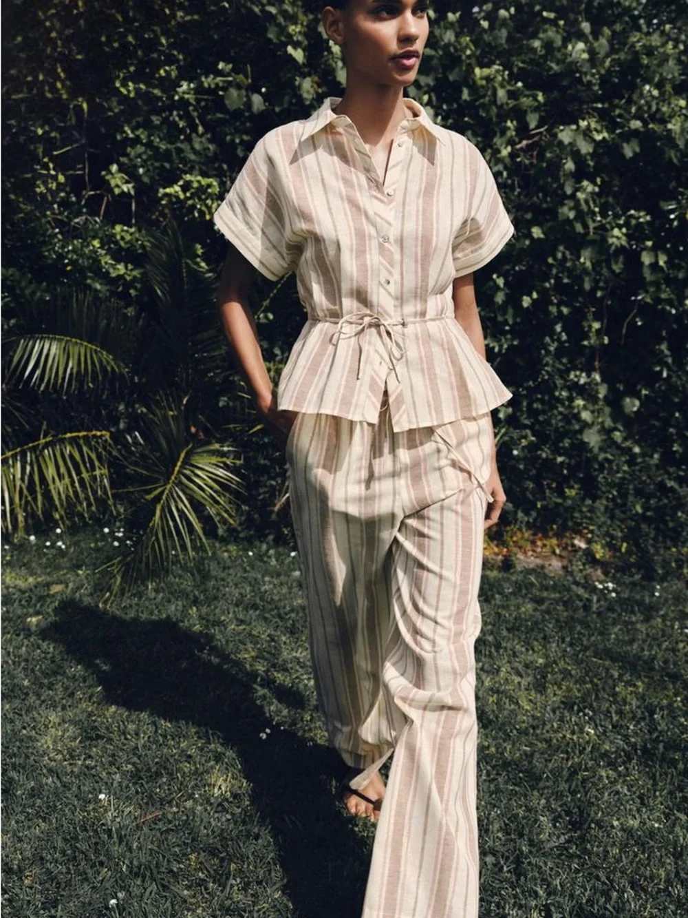 NWT Zara Pink & Cream Striped Wide-Leg Drawstring Pants